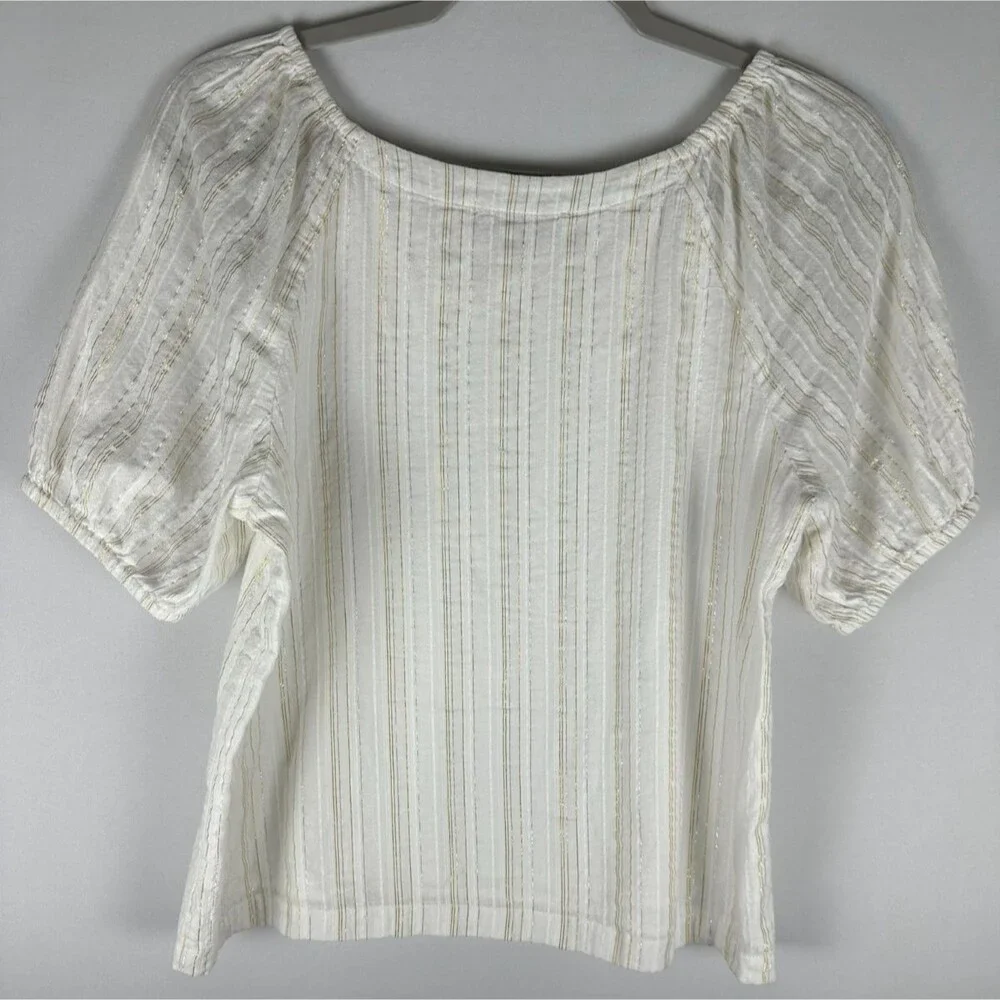 LOFT Puff Sleeve Top XS White Gold Metallic Stripe Cottagecore Romantic Feminine